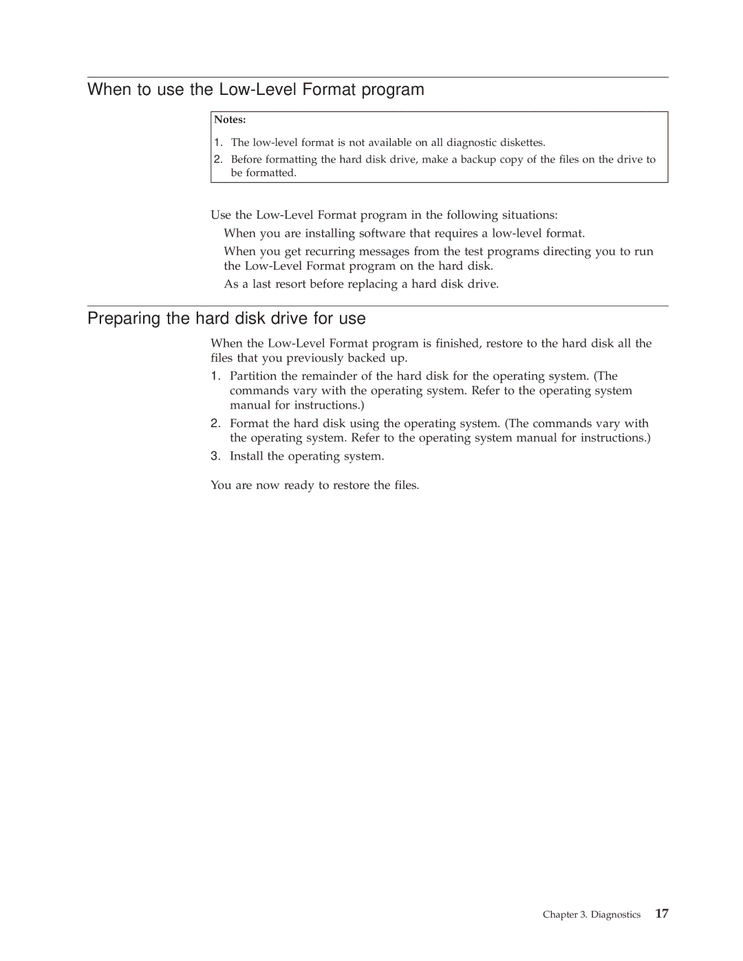 IBM 6346, 6348, 6342, 6339, 6341, 2257, 2256 When to use the Low-Level Format program, Preparing the hard disk drive for use 