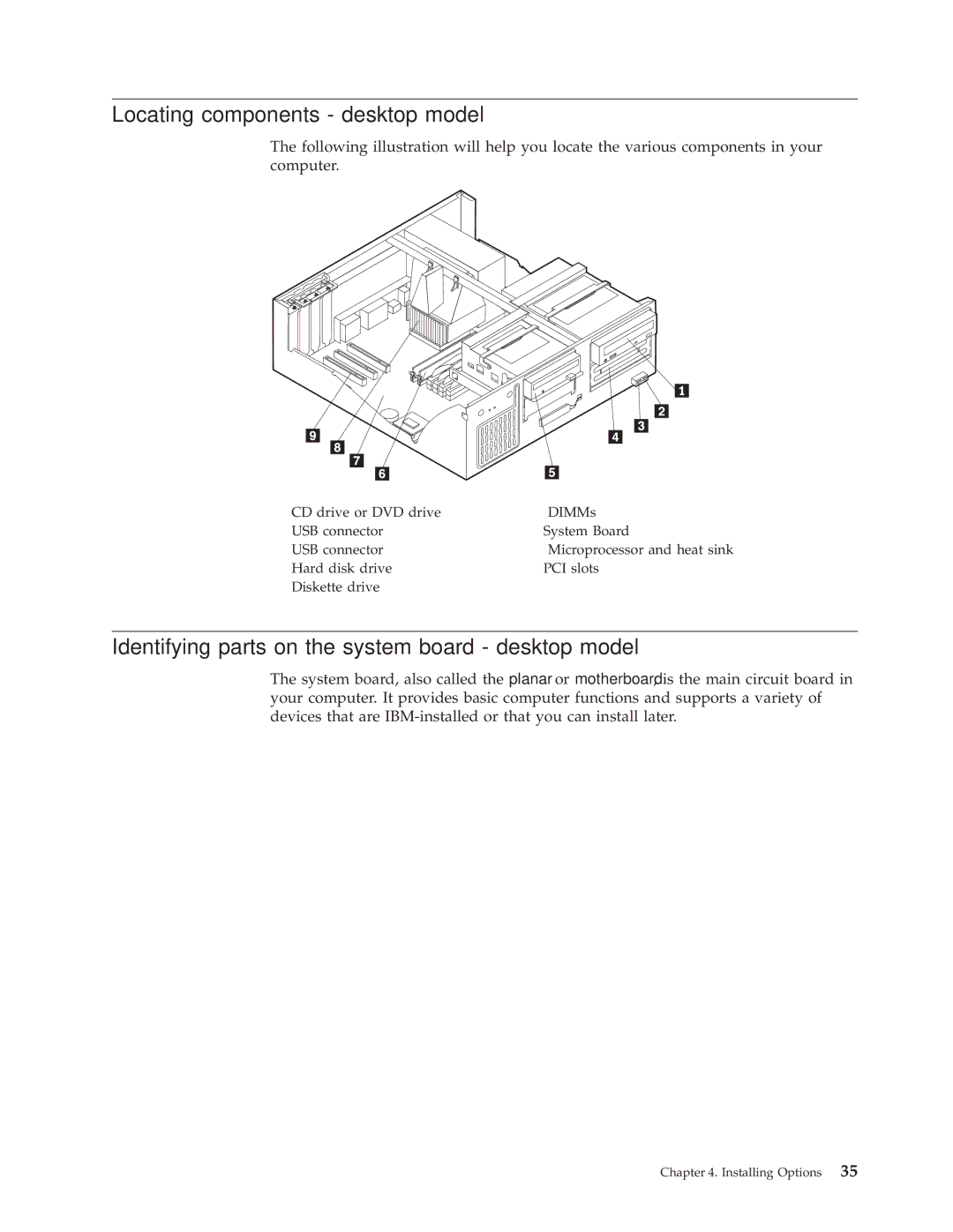 IBM 6336, 6348, 6342, 6339, 6346, 6341 Locating components desktop model, Identifying parts on the system board desktop model 