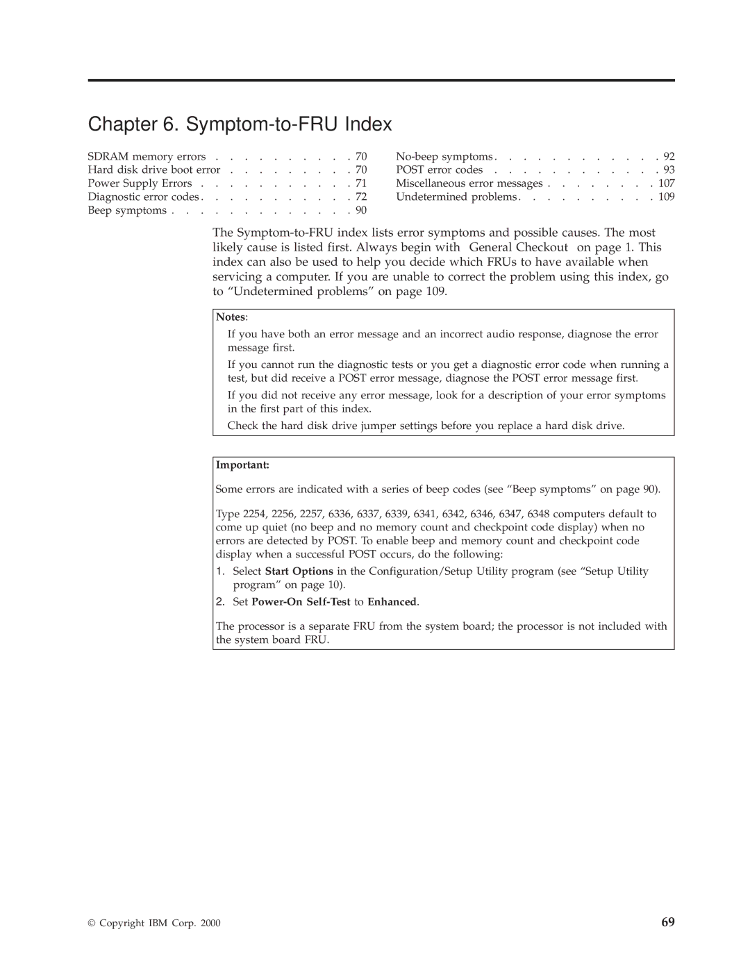 IBM 6348, 6342, 6339, 6346, 6341, 2257, 2256, 6337, 2254, 6347, 6336 manual Symptom-to-FRU Index 