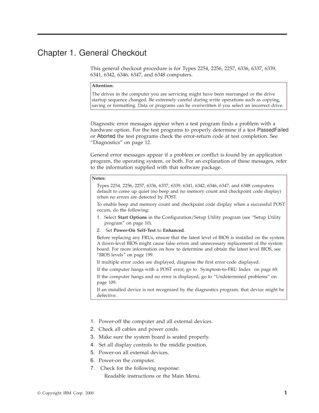 IBM 6347, 6348, 6342, 6339, 6346, 6341, 2257, 2256, 6337, 2254, 6336 manual General Checkout, Set Power-On Self-Test to Enhanced 