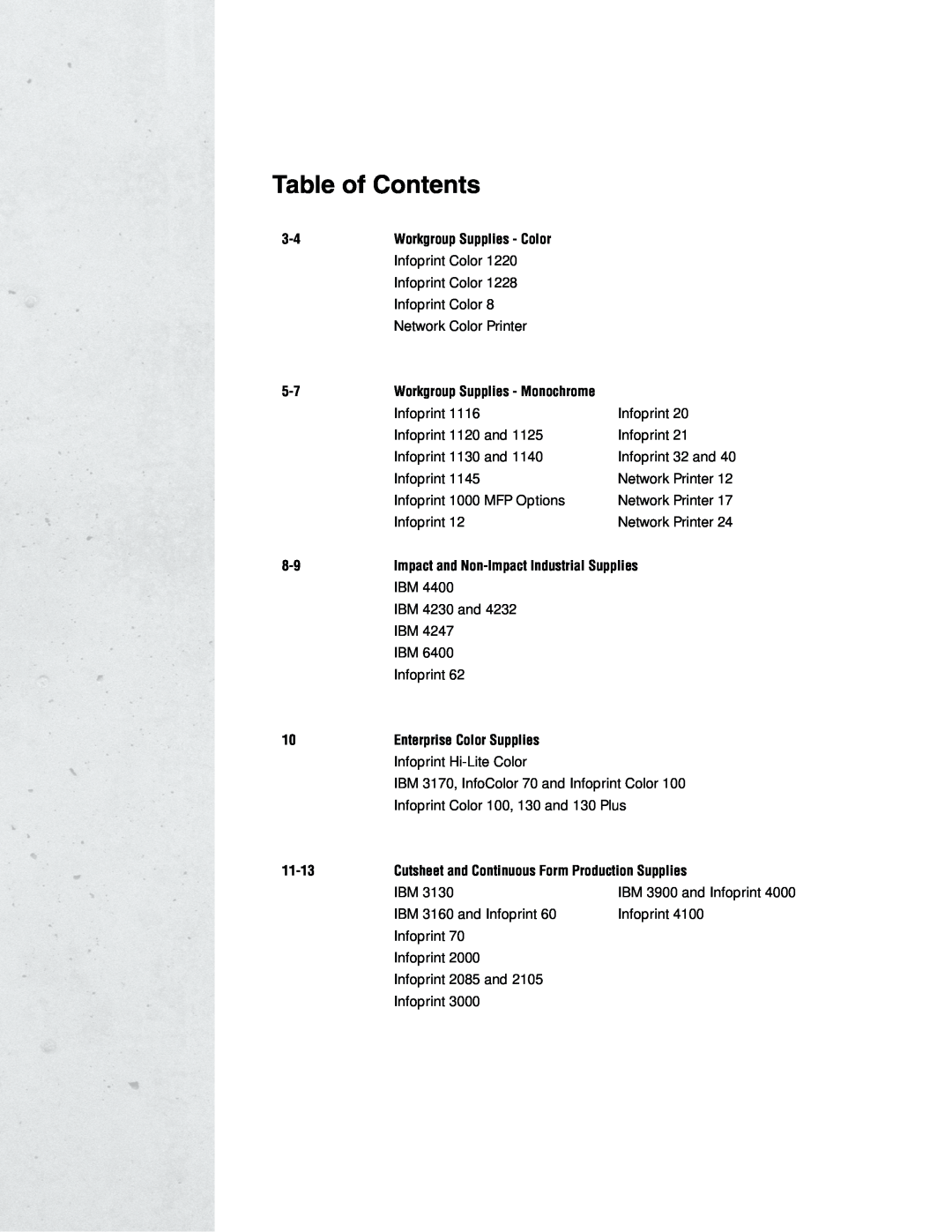IBM 6400 manual Enterprise Color Supplies, Cutsheet and Continuous Form Production Supplies, Table of Contents 