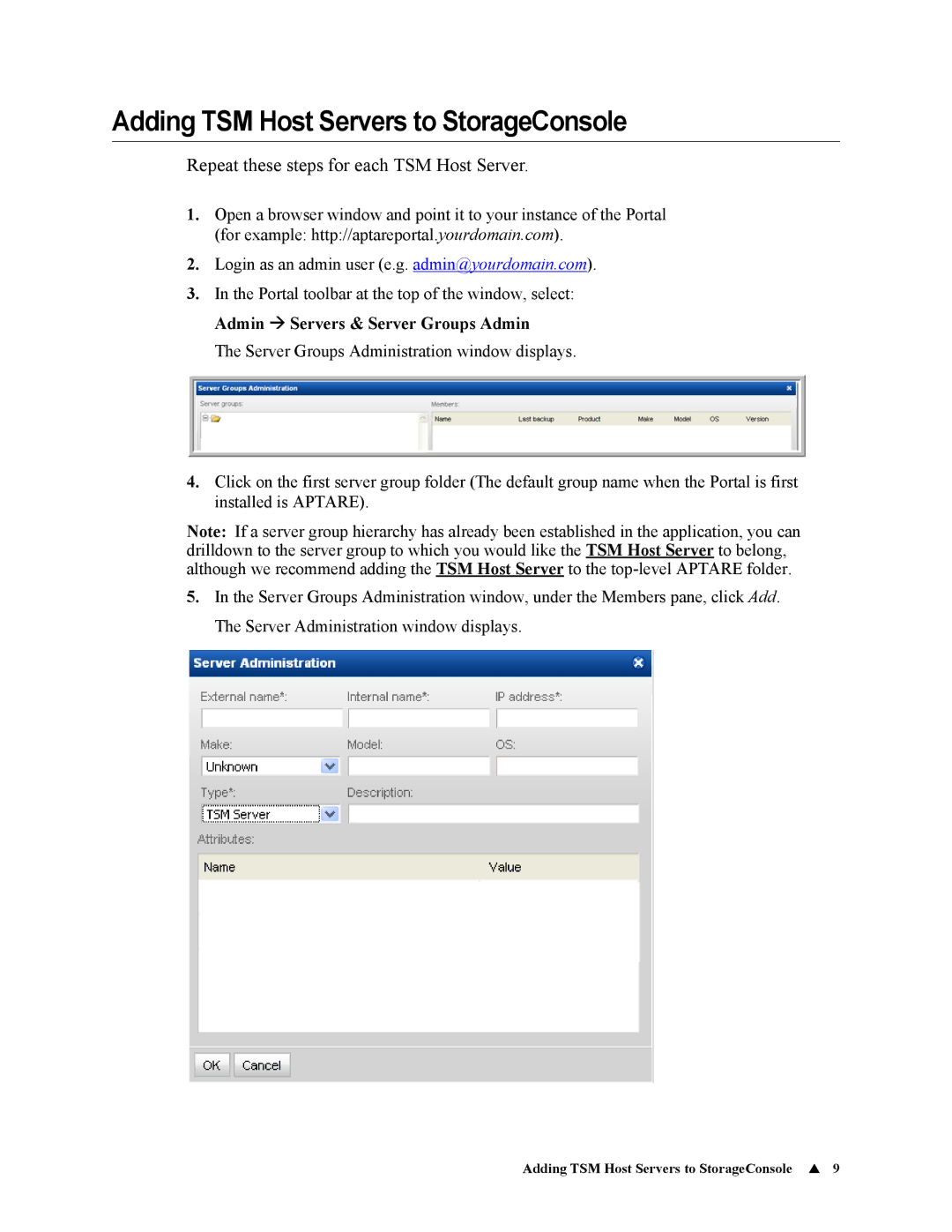 IBM 6.5 manual Adding TSM Host Servers to StorageConsole, Admin Æ Servers & Server Groups Admin 