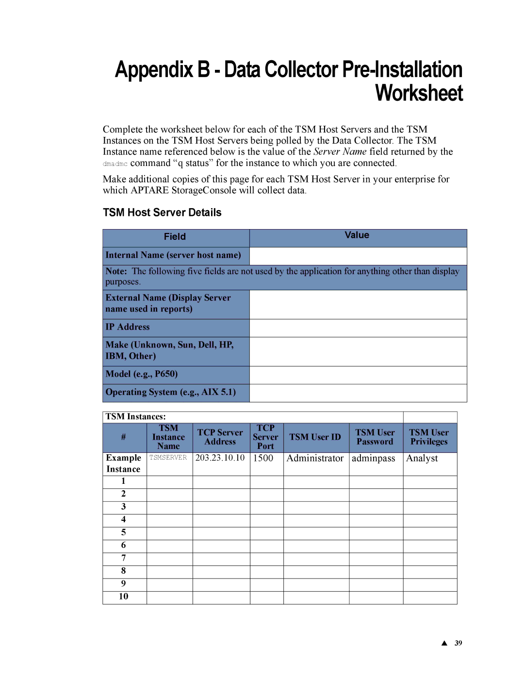 IBM 6.5 manual TSM Host Server Details, Example, 203.23.10.10, Instance 