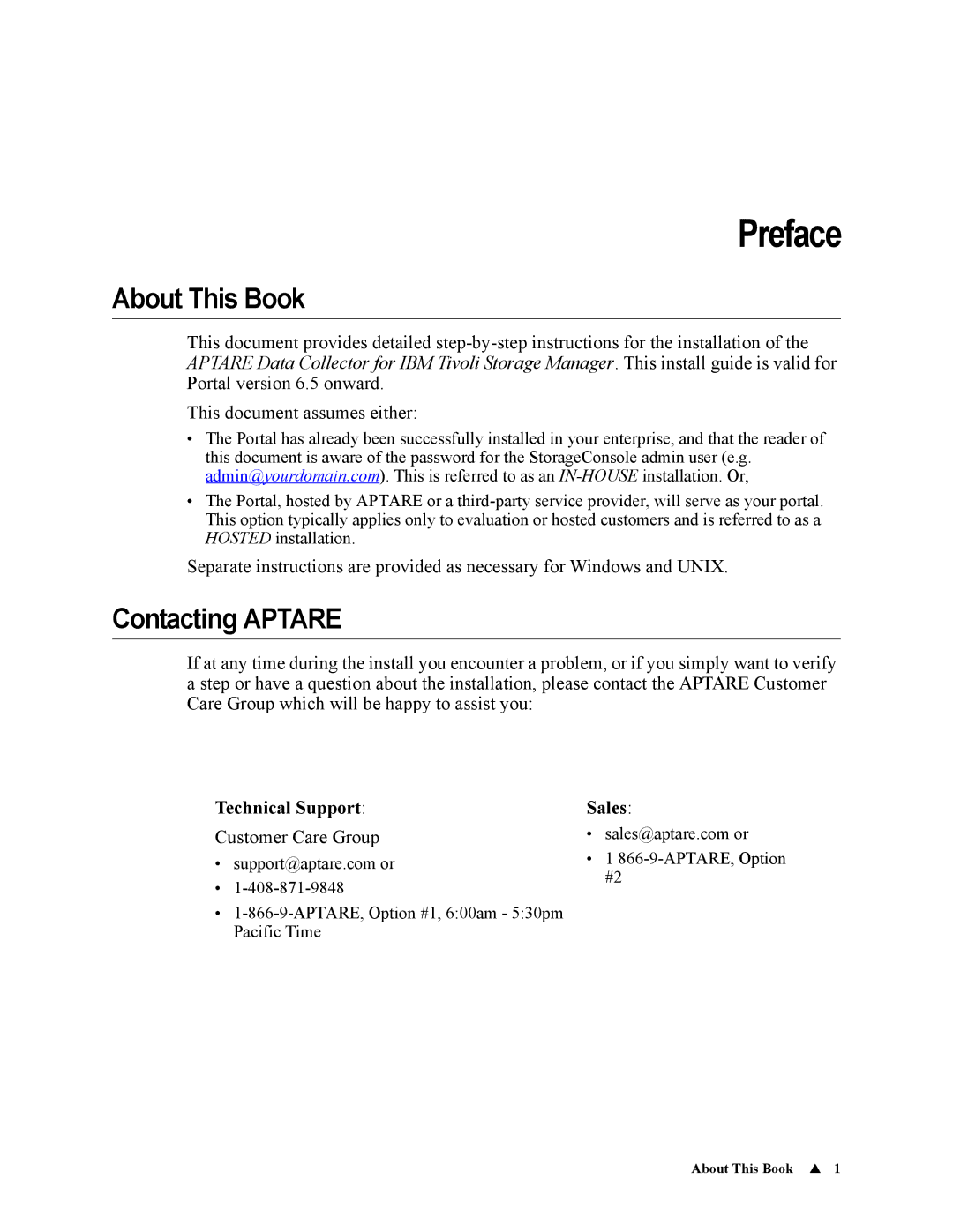 IBM 6.5 manual Preface, About This Book, Contacting Aptare 