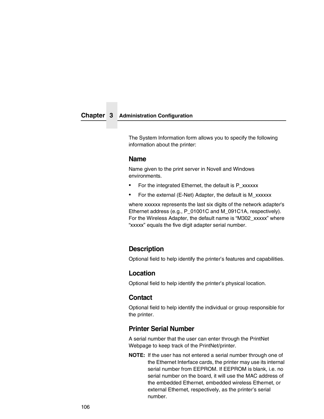 IBM 6500 manual Description, Location, Contact, Printer Serial Number, Administration Configuration 