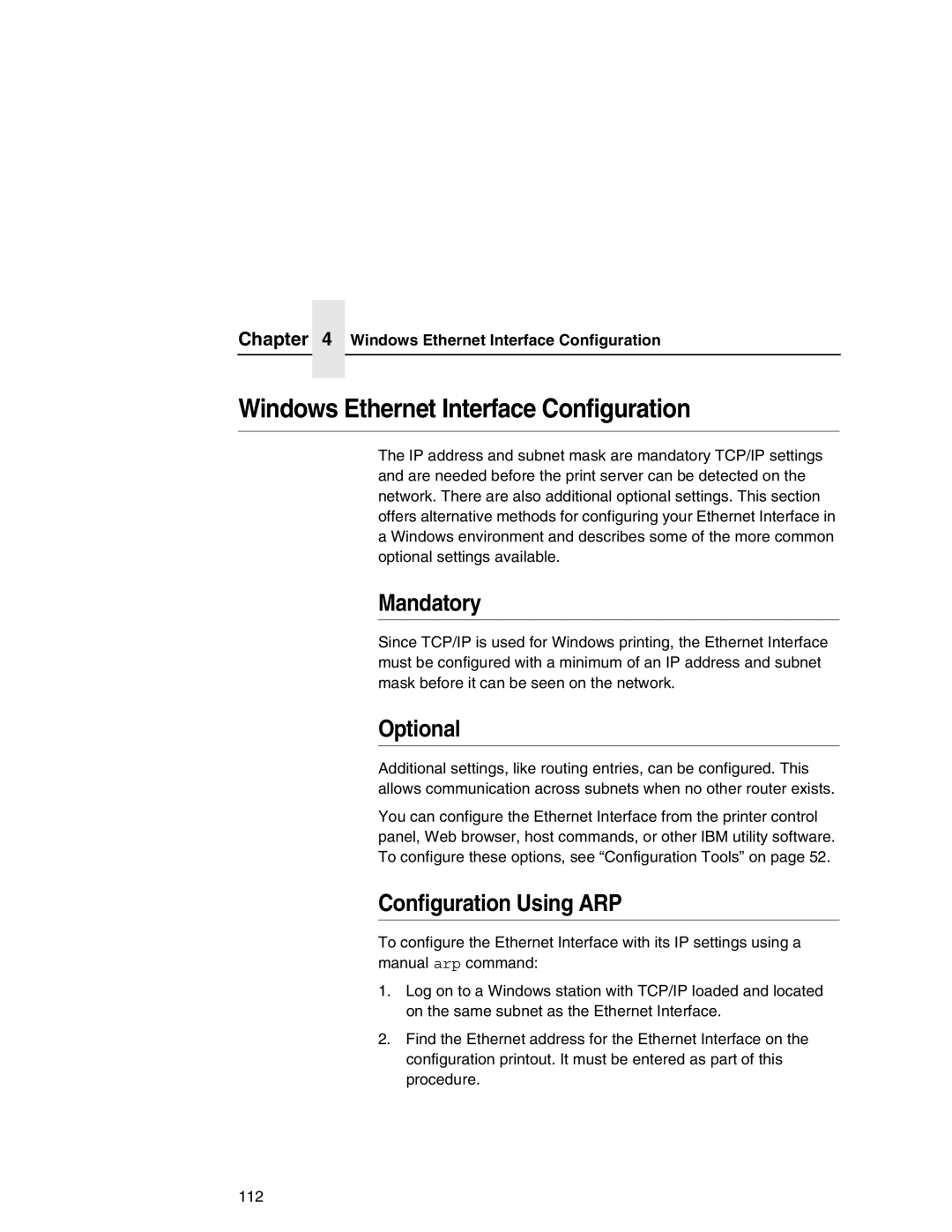 IBM 6500 manual Windows Ethernet Interface Configuration, Mandatory, Optional, Configuration Using ARP 