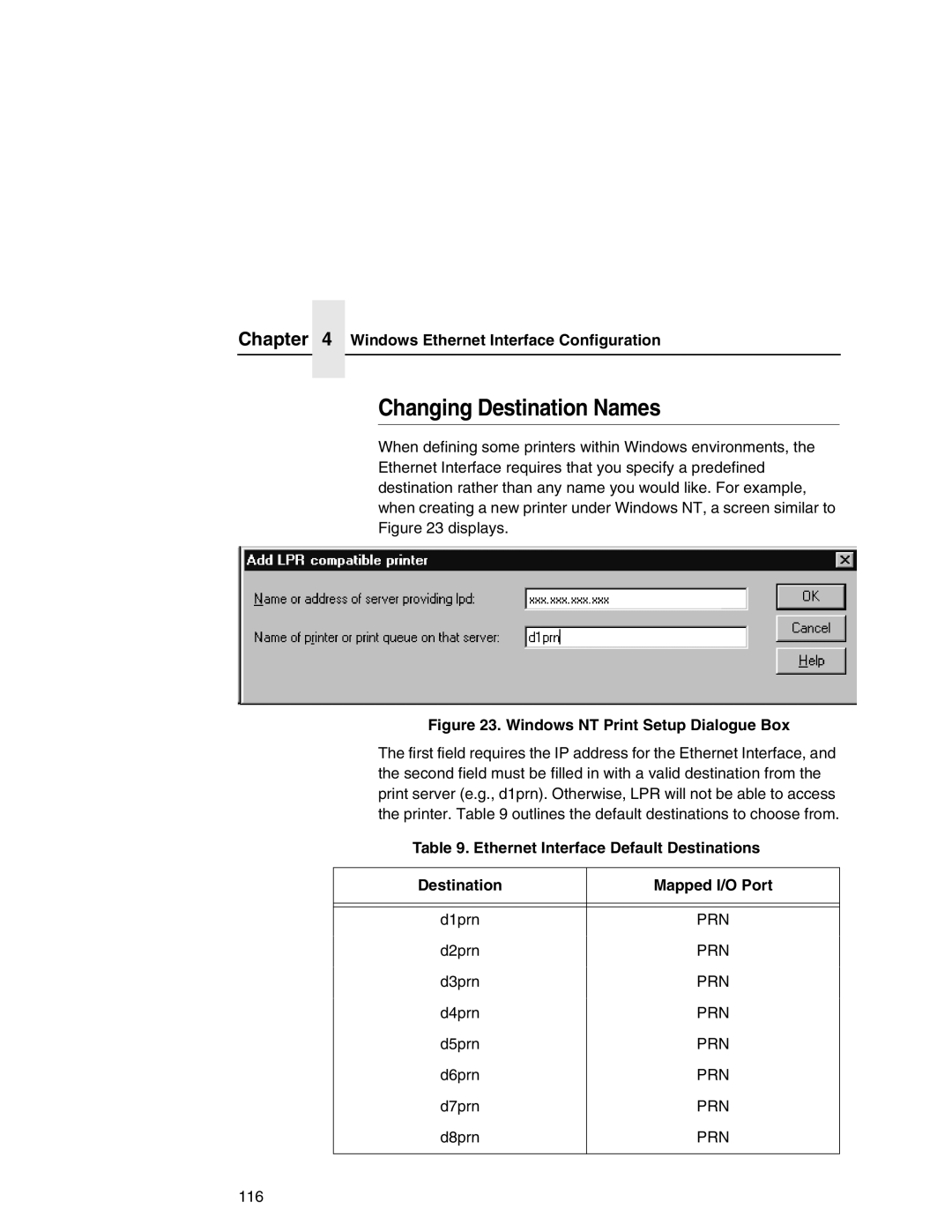 IBM 6500 manual Changing Destination Names, Ethernet Interface Default Destinations Mapped I/O Port, Prn 