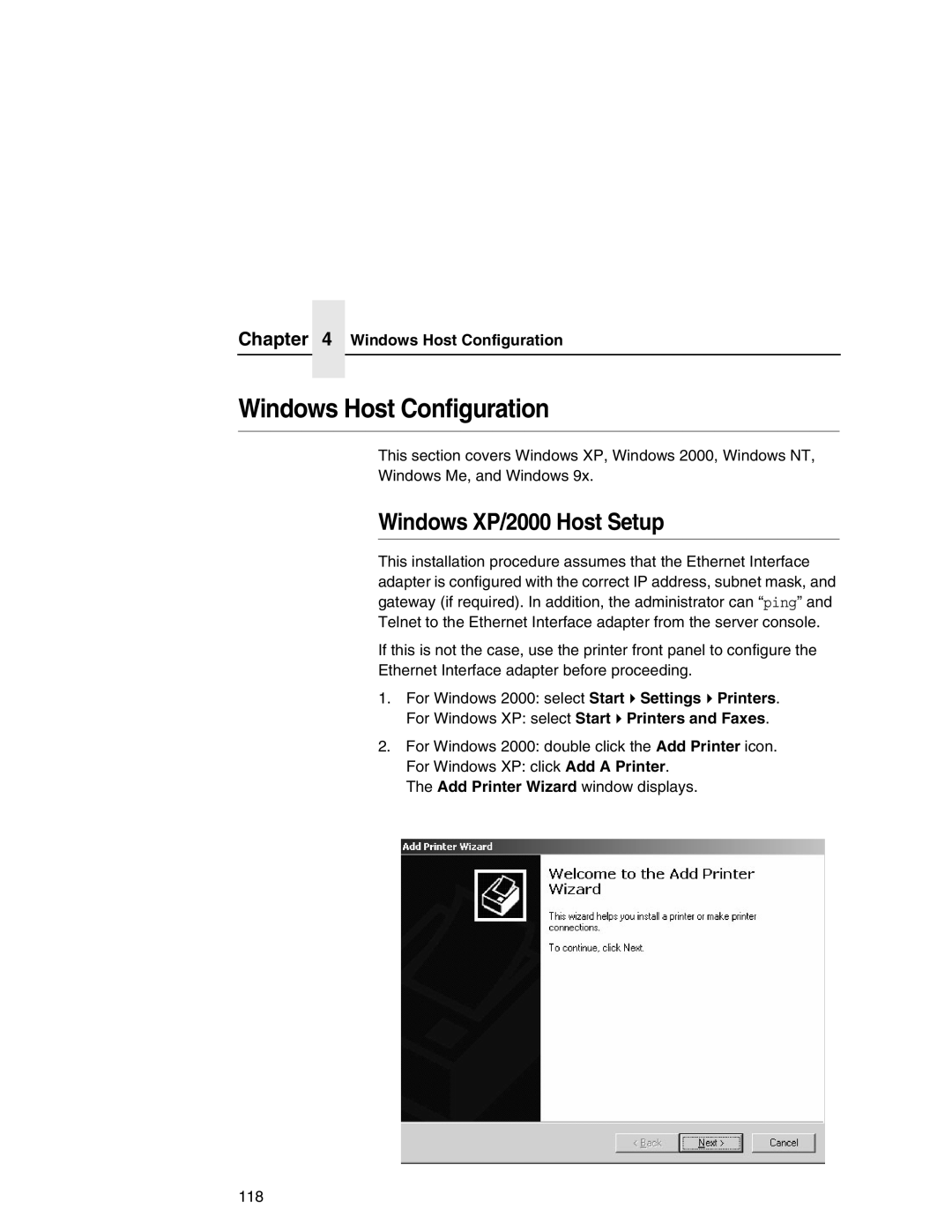 IBM 6500 manual Windows Host Configuration, Windows XP/2000 Host Setup, Settings Printers, Printers and Faxes 