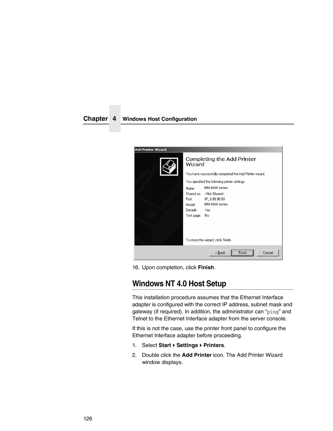 IBM 6500 manual Windows NT 4.0 Host Setup, Select Start Settings Printers 