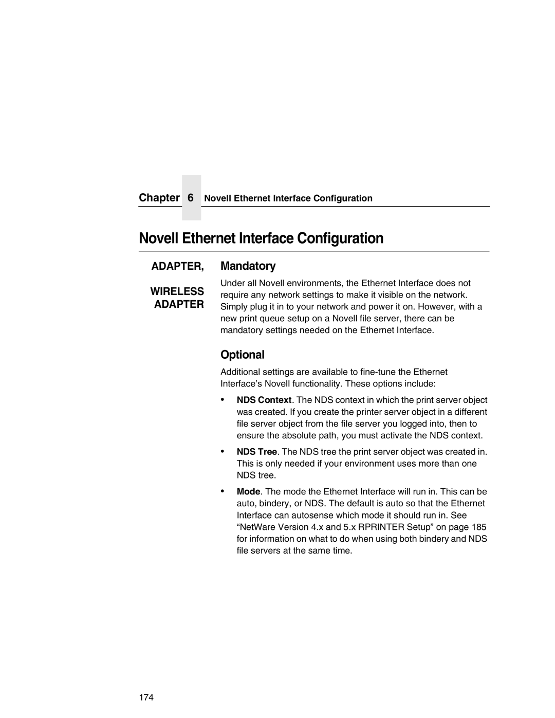 IBM 6500 manual Novell Ethernet Interface Configuration, Mandatory, Optional 