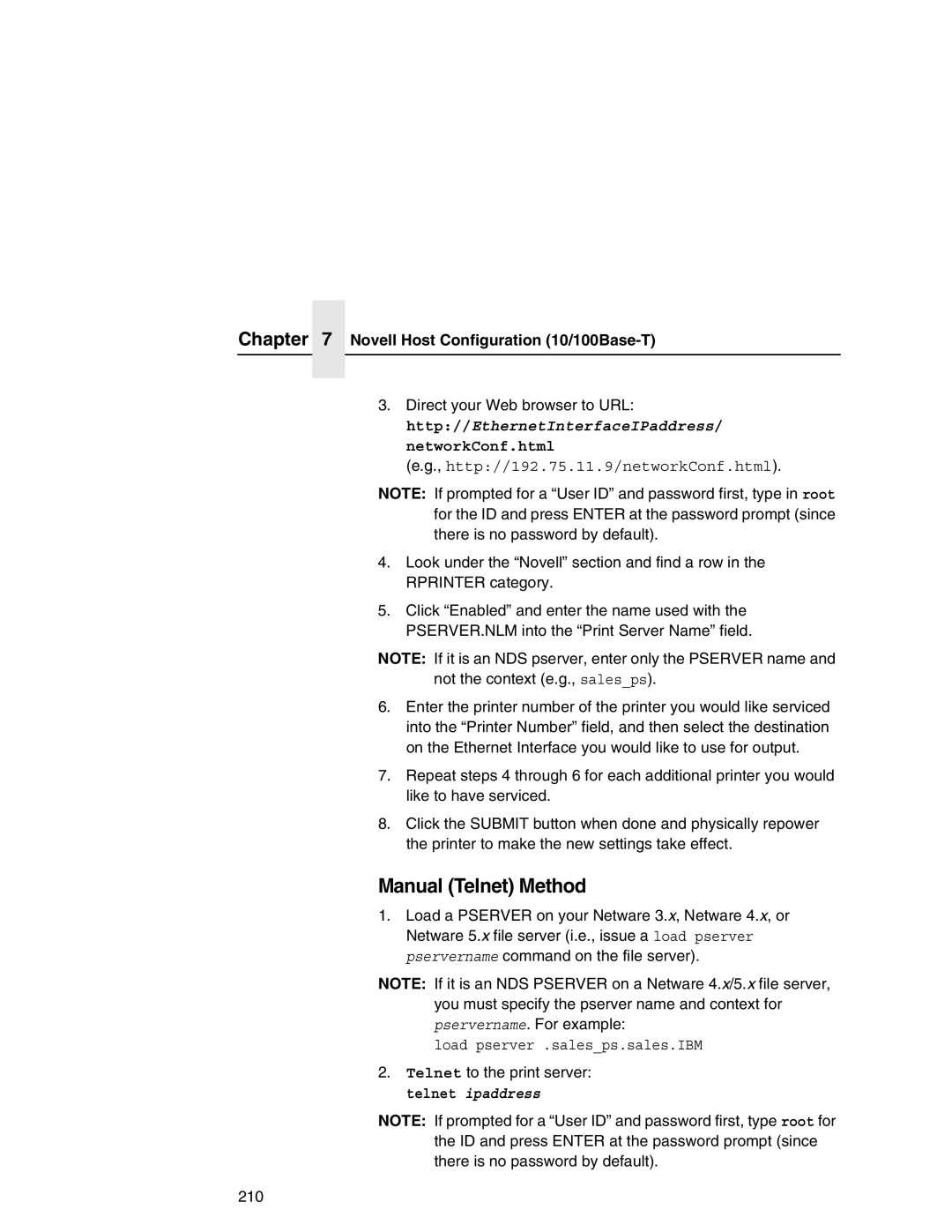 IBM 6500 manual Telnet to the print server telnet ipaddress 210 