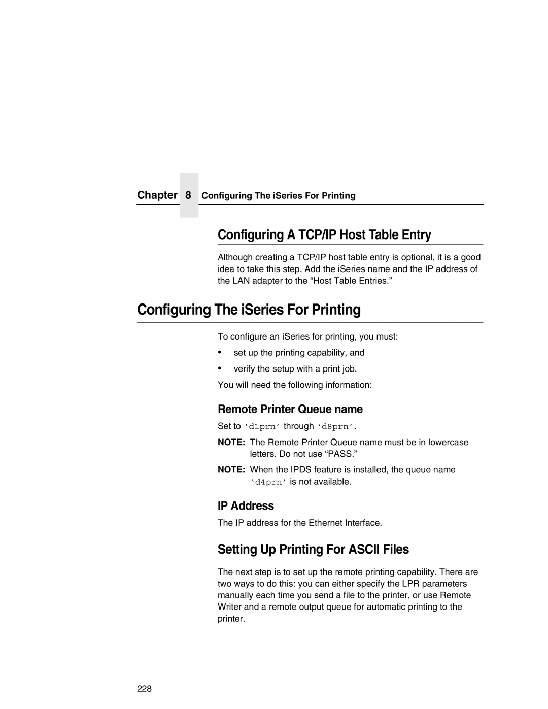 IBM 6500 Configuring The iSeries For Printing, Configuring a TCP/IP Host Table Entry, Setting Up Printing For Ascii Files 