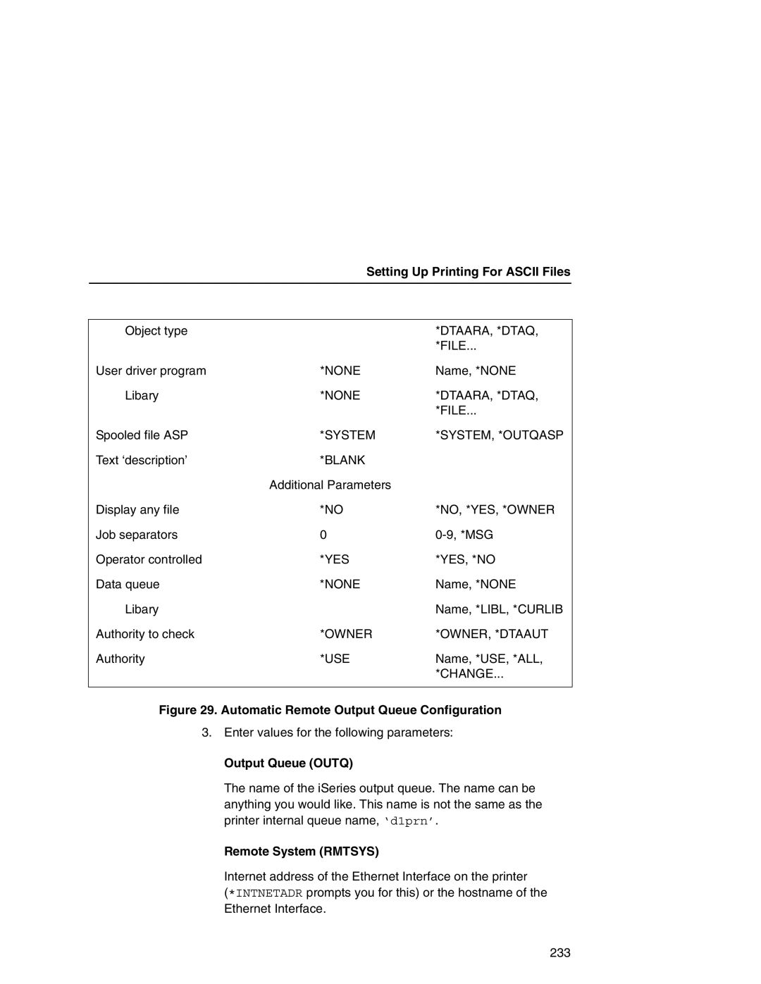 IBM 6500 manual Output Queue Outq, Remote System Rmtsys 