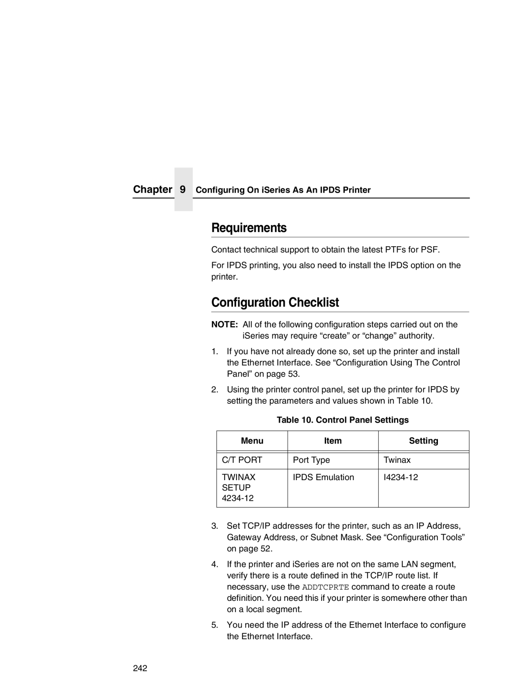 IBM 6500 Requirements, Configuration Checklist, Configuring On iSeries As An Ipds Printer, Control Panel Settings Menu 