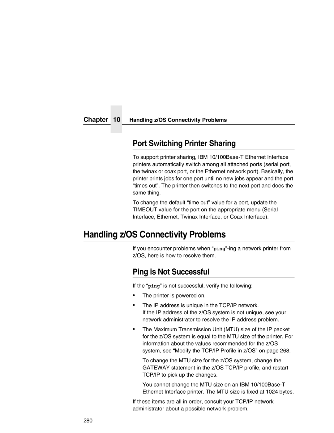 IBM 6500 manual Handling z/OS Connectivity Problems, Port Switching Printer Sharing, Ping is Not Successful 