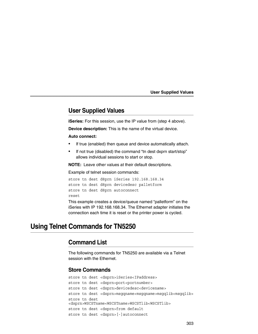 IBM 6500 manual Using Telnet Commands for TN5250, User Supplied Values, Command List, Store Commands 