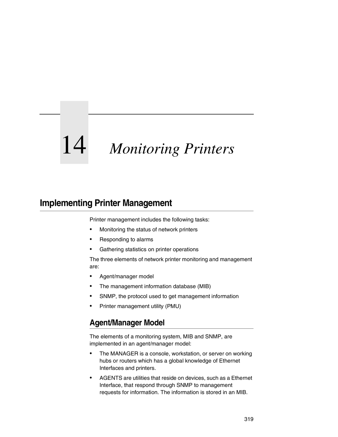 IBM 6500 manual Implementing Printer Management, Agent/Manager Model 