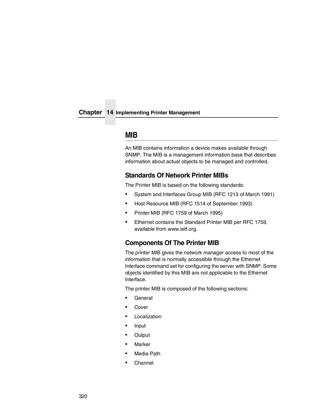 IBM 6500 manual Standards Of Network Printer MIBs, Components Of The Printer MIB, Implementing Printer Management 