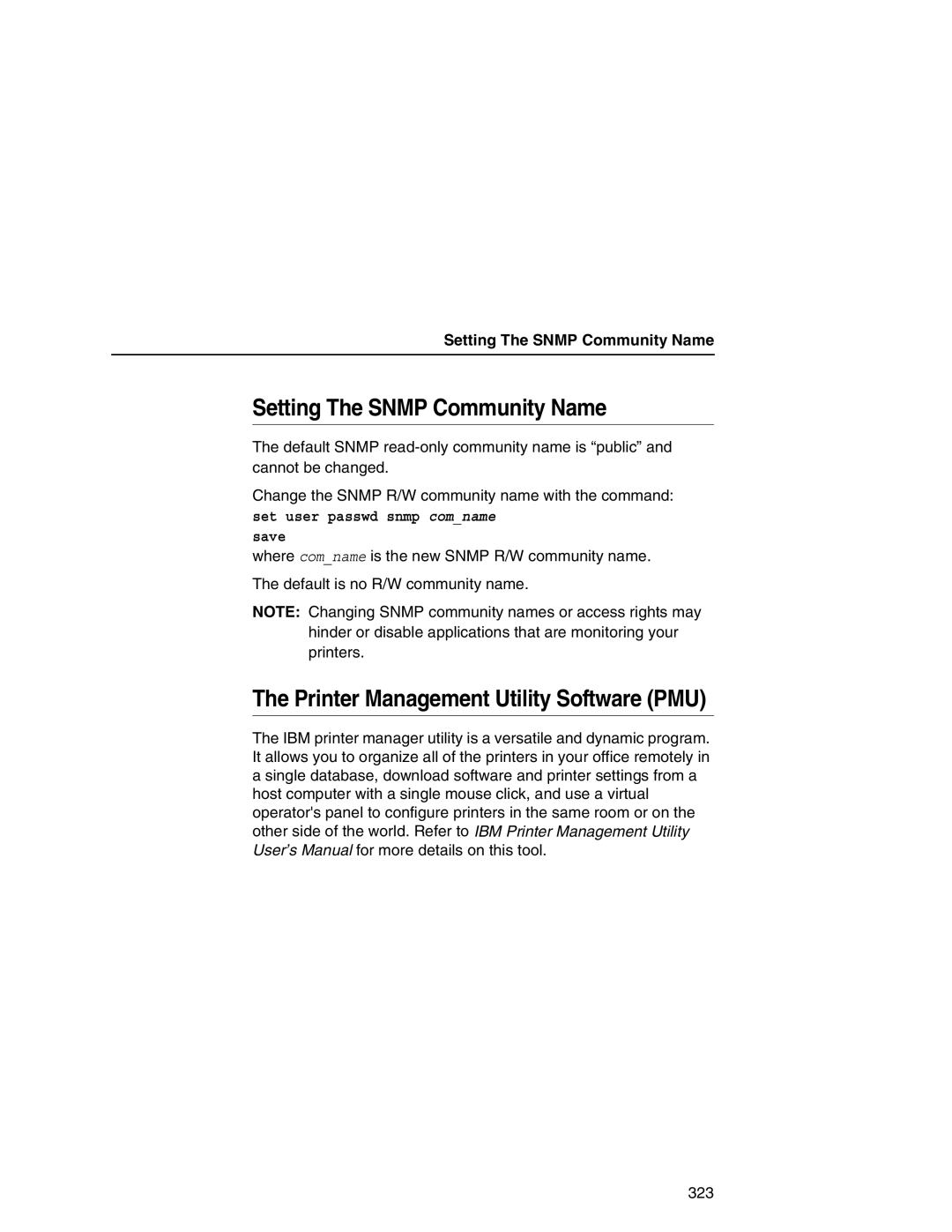 IBM 6500 manual Setting The Snmp Community Name, Printer Management Utility Software PMU 