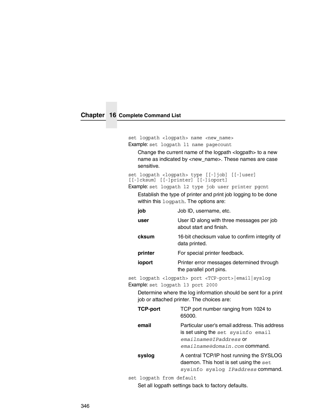 IBM 6500 manual Job, User, Cksum, Printer, Ioport, TCP-port, Syslog 