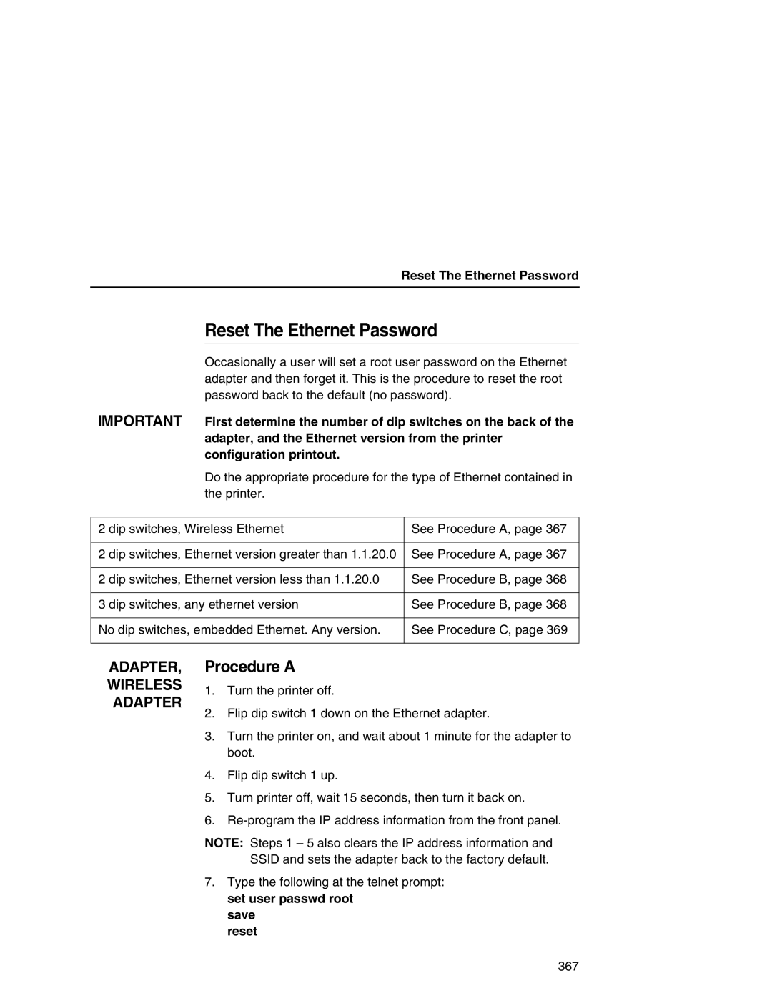 IBM 6500 manual Reset The Ethernet Password, Procedure a, Save reset 