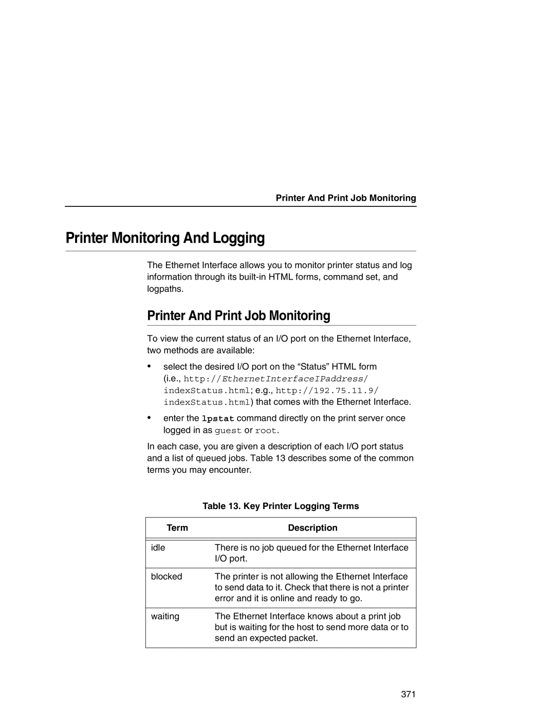 IBM 6500 Printer Monitoring And Logging, Printer And Print Job Monitoring, Key Printer Logging Terms, Term Description 