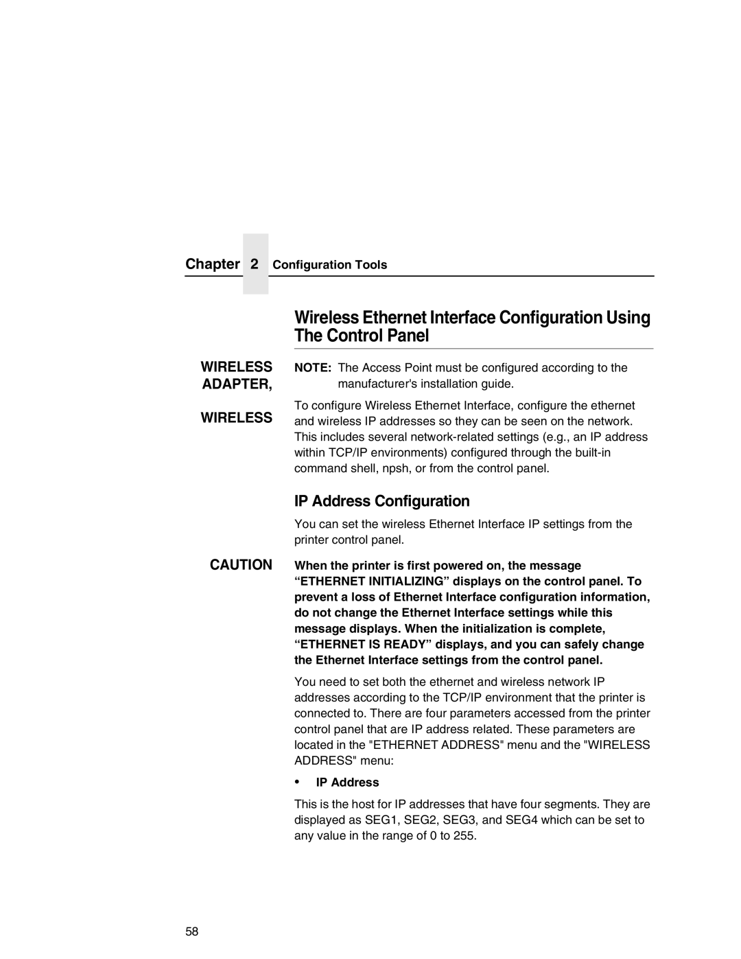 IBM 6500 manual Control Panel, Wireless Ethernet Interface Configuration Using, IP Address Configuration 