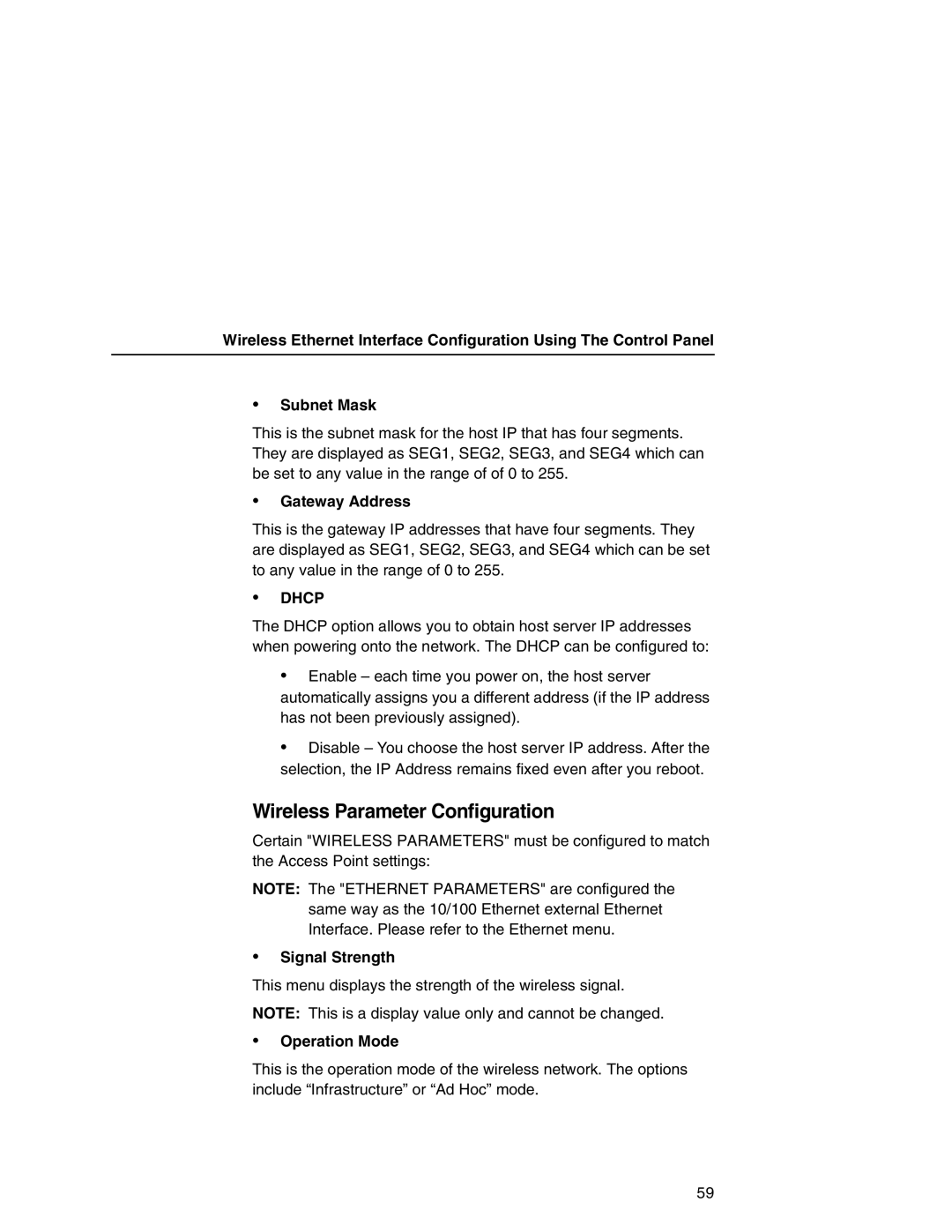 IBM 6500 manual Wireless Parameter Configuration, Gateway Address, Dhcp, Signal Strength, Operation Mode 