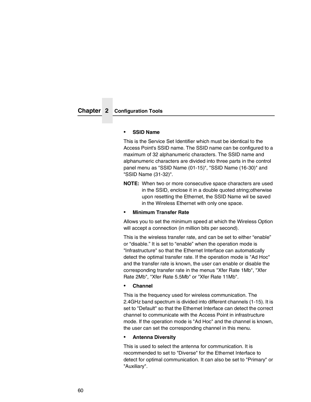 IBM 6500 manual Configuration Tools Ssid Name, Minimum Transfer Rate, Channel, Antenna Diversity 