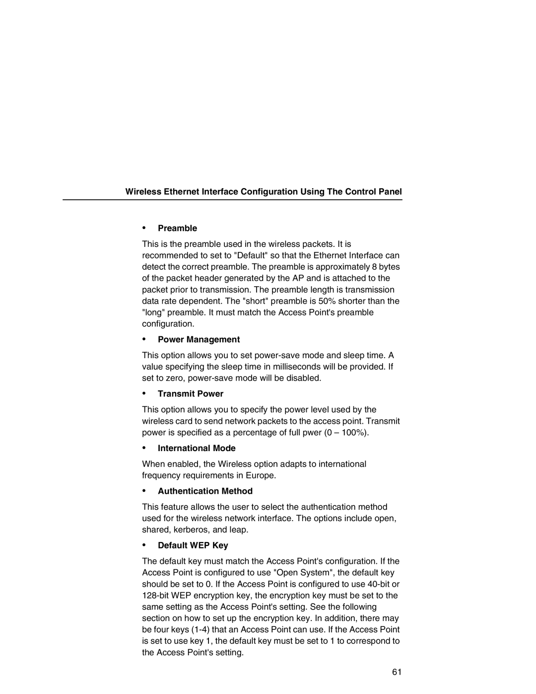 IBM 6500 manual Power Management, Transmit Power, International Mode, Authentication Method, Default WEP Key 