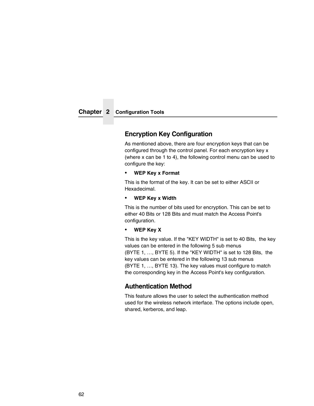 IBM 6500 manual Encryption Key Configuration, Authentication Method, WEP Key x Format, WEP Key x Width 