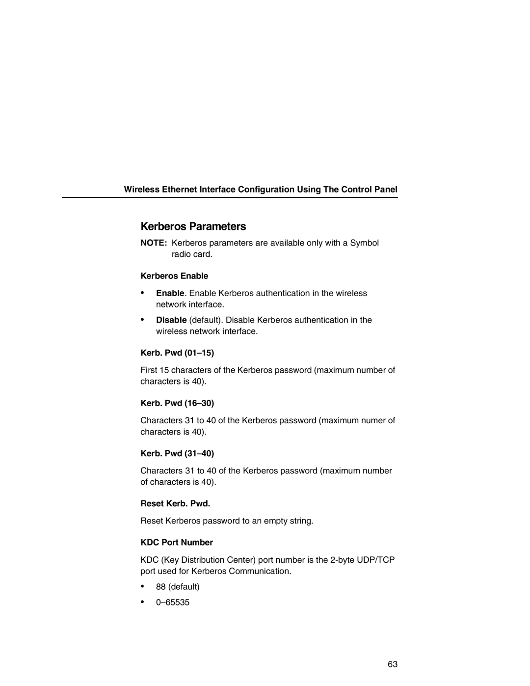 IBM 6500 manual Kerberos Parameters, Kerberos Enable, Reset Kerb. Pwd, KDC Port Number 