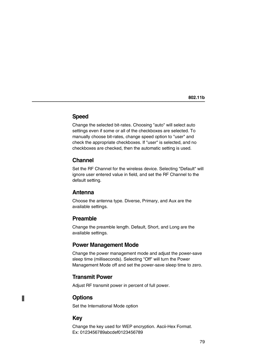 IBM 6500 manual Speed, Channel, Antenna, Preamble, Power Management Mode, Transmit Power, Options, Key 