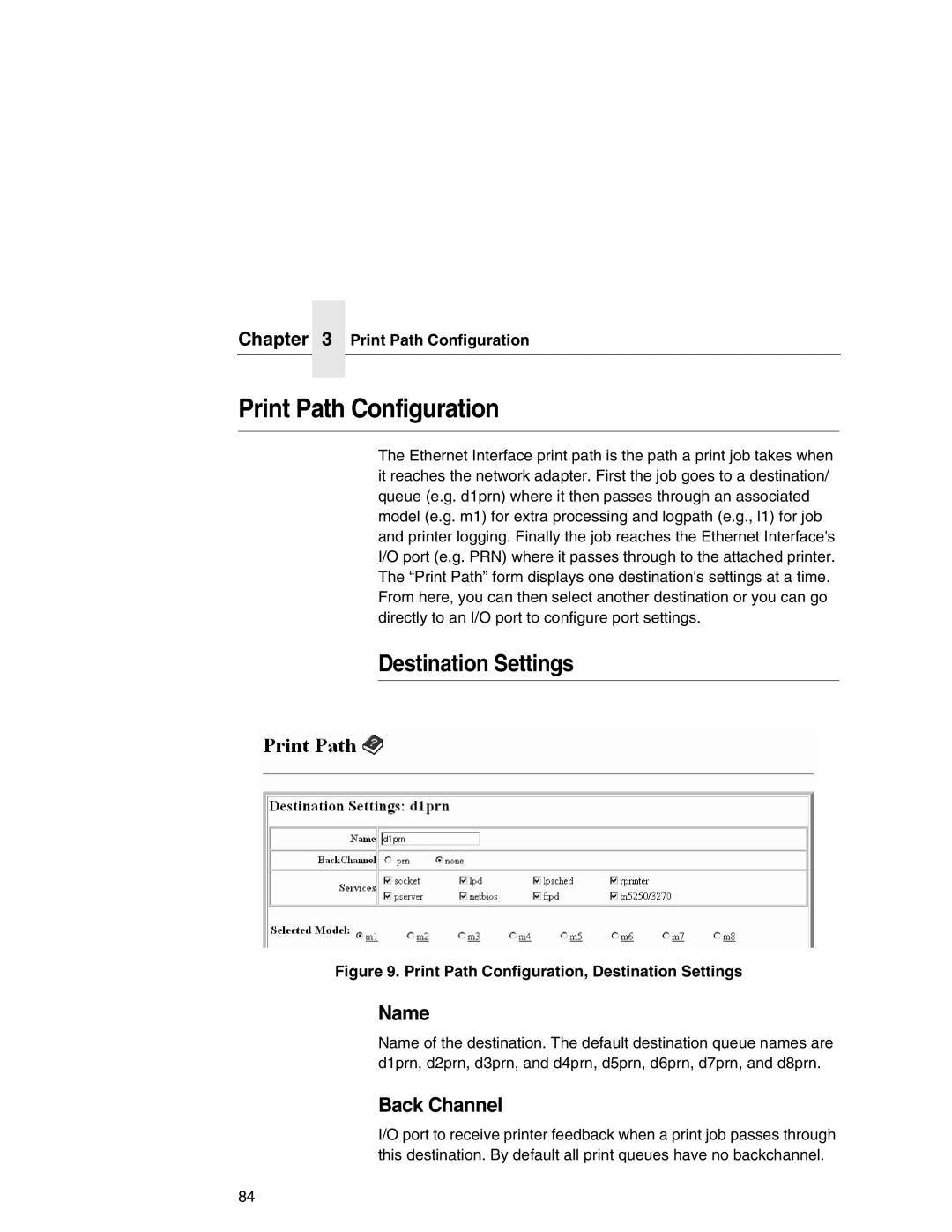 IBM 6500 manual Print Path Configuration, Destination Settings, Name, Back Channel 