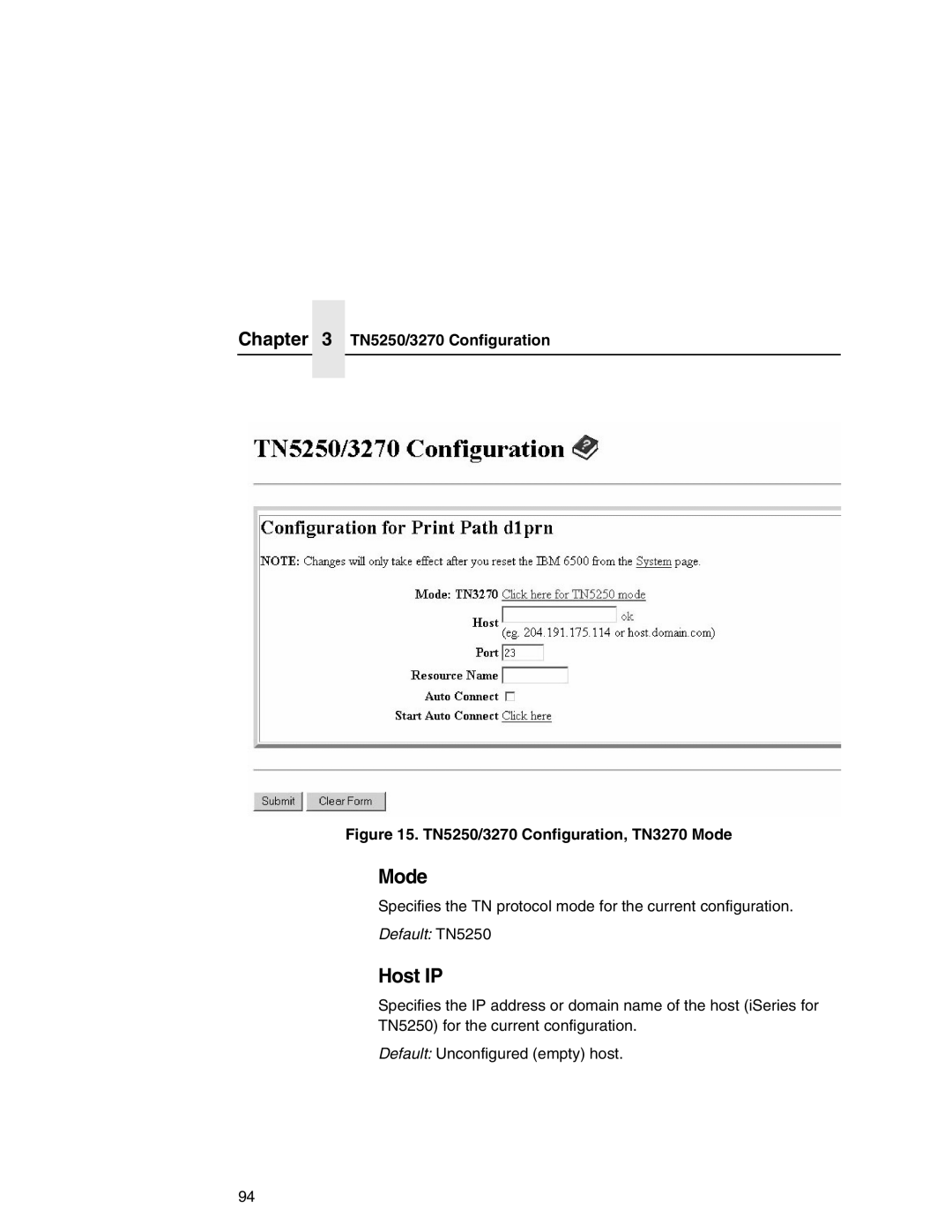 IBM 6500 manual Host IP, TN5250/3270 Configuration, TN3270 Mode 