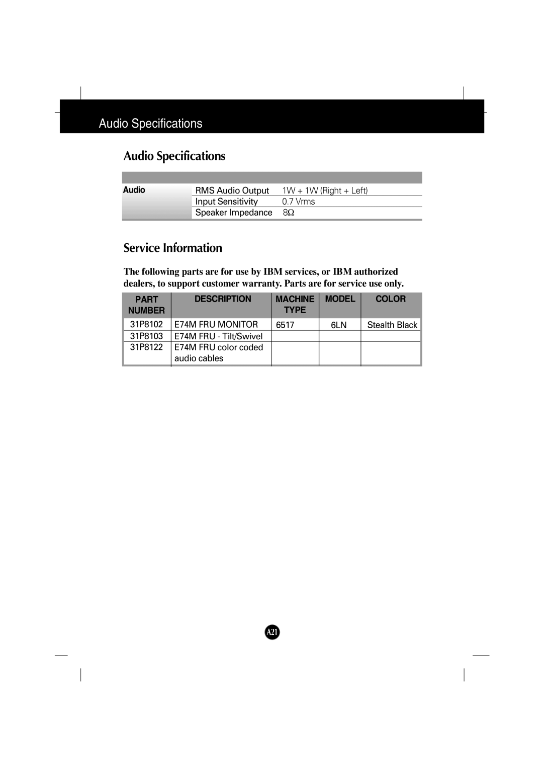 IBM 6517-6LN manual Audio Specifications, Service Information 