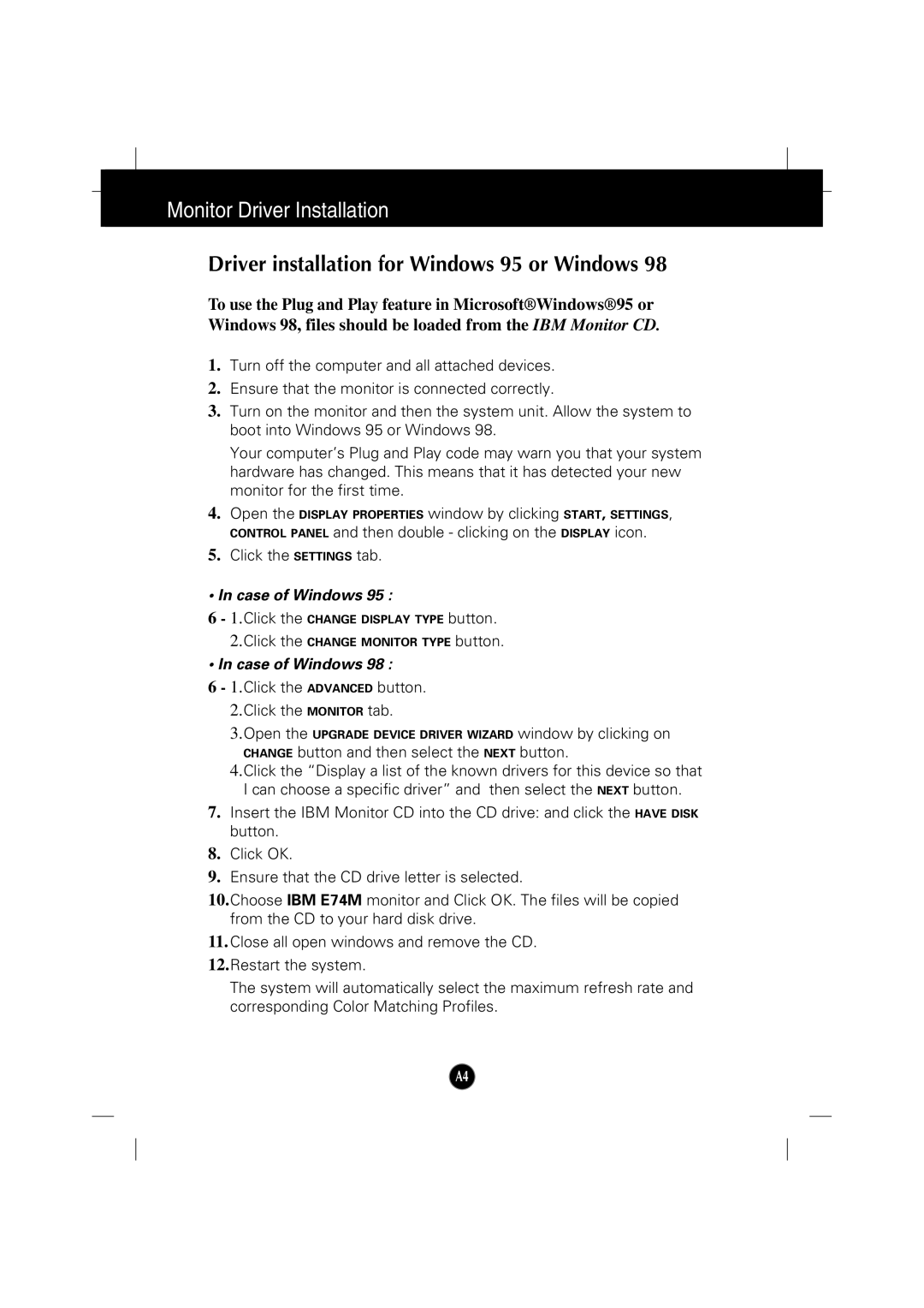 IBM 6517-6LN manual Monitor Driver Installation, Driver installation for Windows 95 or Windows 