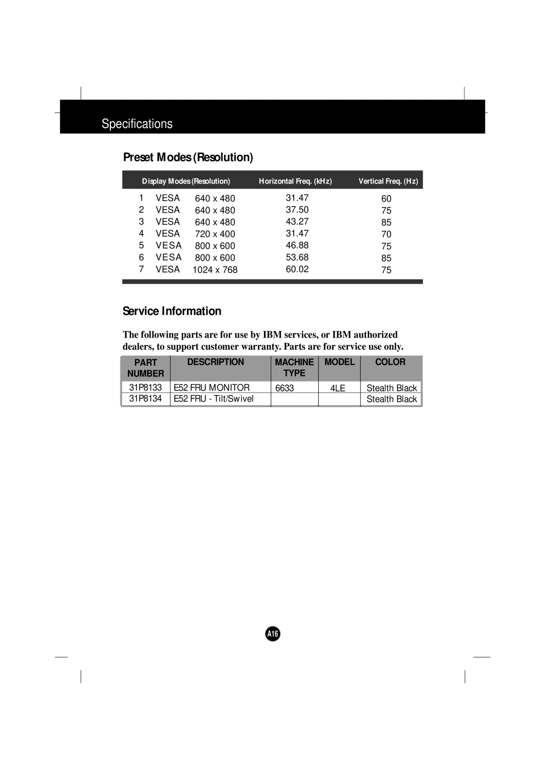 IBM 6633 - 4LE manual Preset Modes Resolution, Service Information 