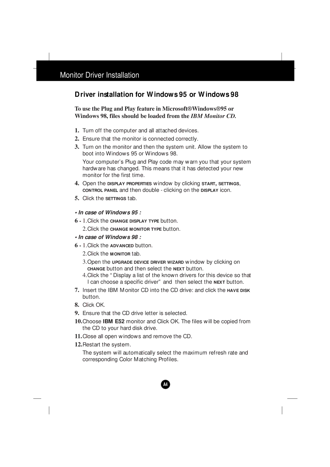 IBM 6633 - 4LE manual Monitor Driver Installation, Driver installation for Windows 95 or Windows 