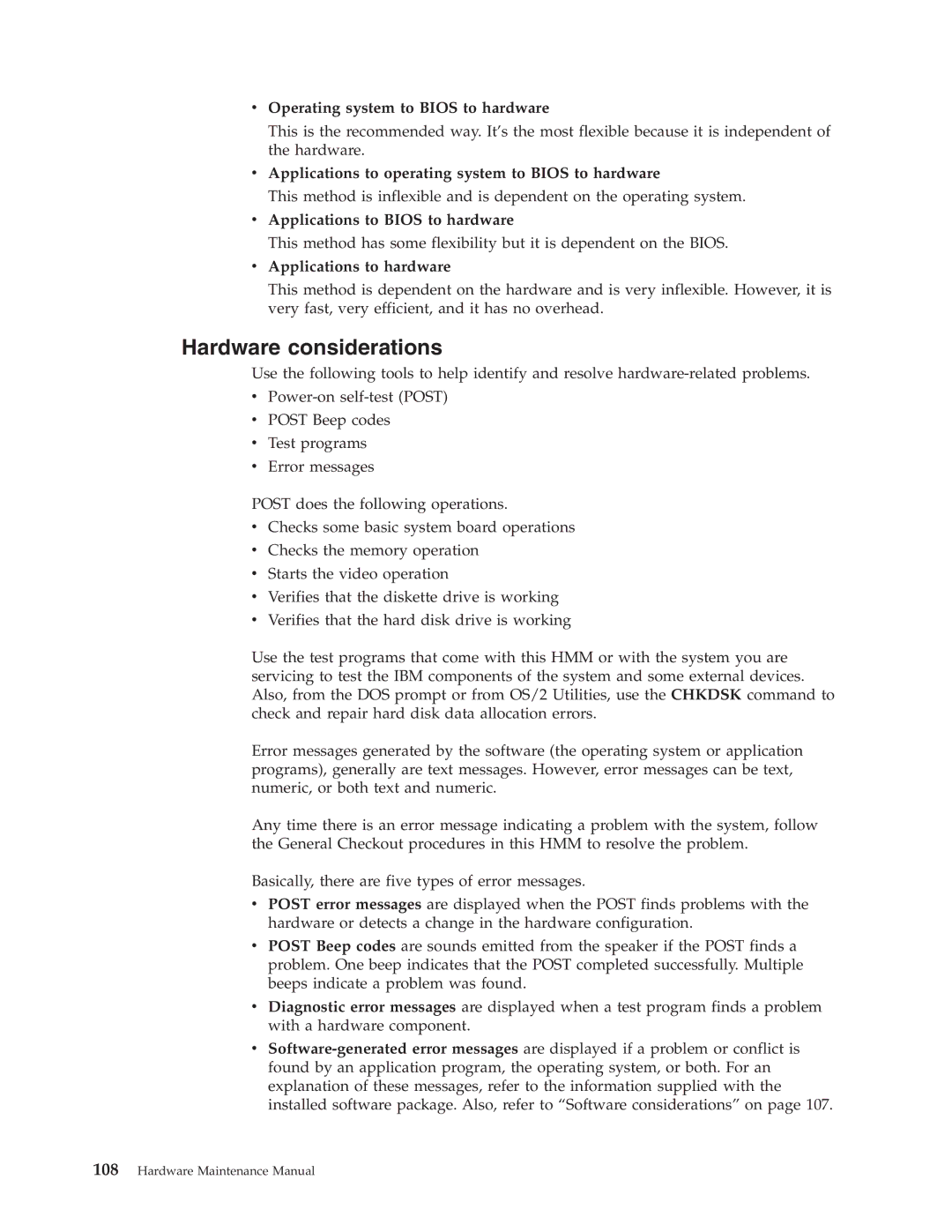 IBM 6643, 2179 manual Hardware considerations, Operating system to Bios to hardware, Applications to Bios to hardware 