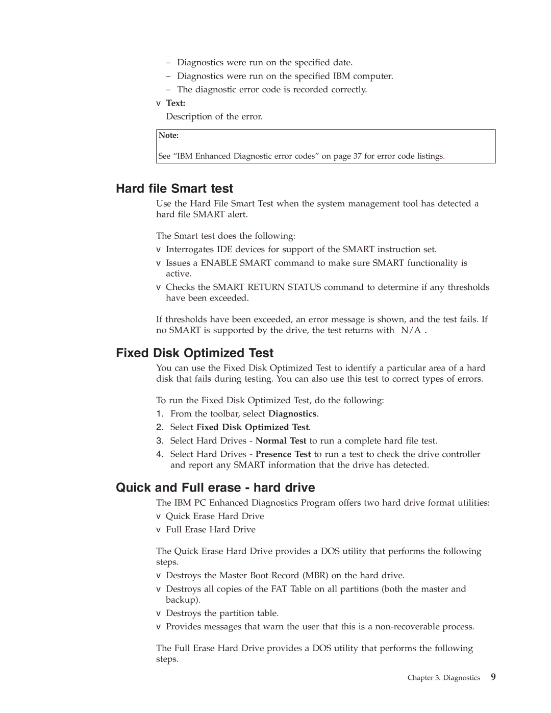 IBM 2179, 6643 manual Hard file Smart test, Fixed Disk Optimized Test, Quick and Full erase hard drive 