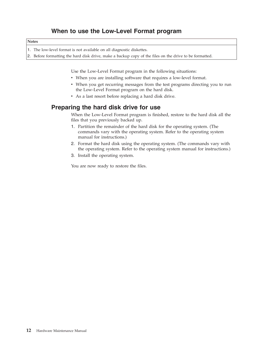 IBM 6643, 2179 manual When to use the Low-Level Format program, Preparing the hard disk drive for use 