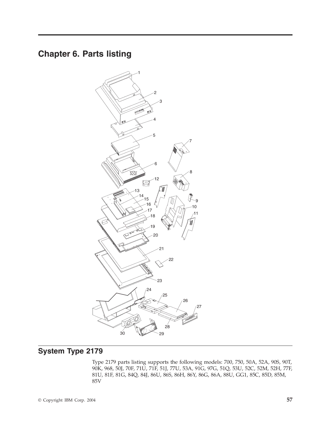 IBM 2179, 6643 manual Parts listing, System Type 