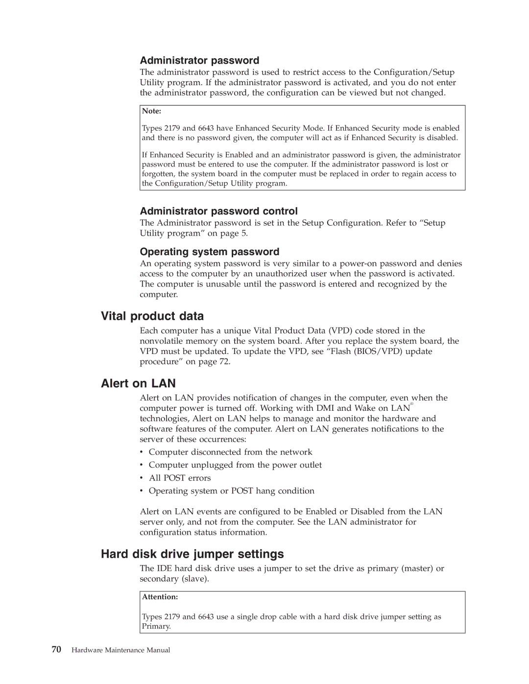 IBM 6643, 2179 manual Vital product data, Alert on LAN, Hard disk drive jumper settings 