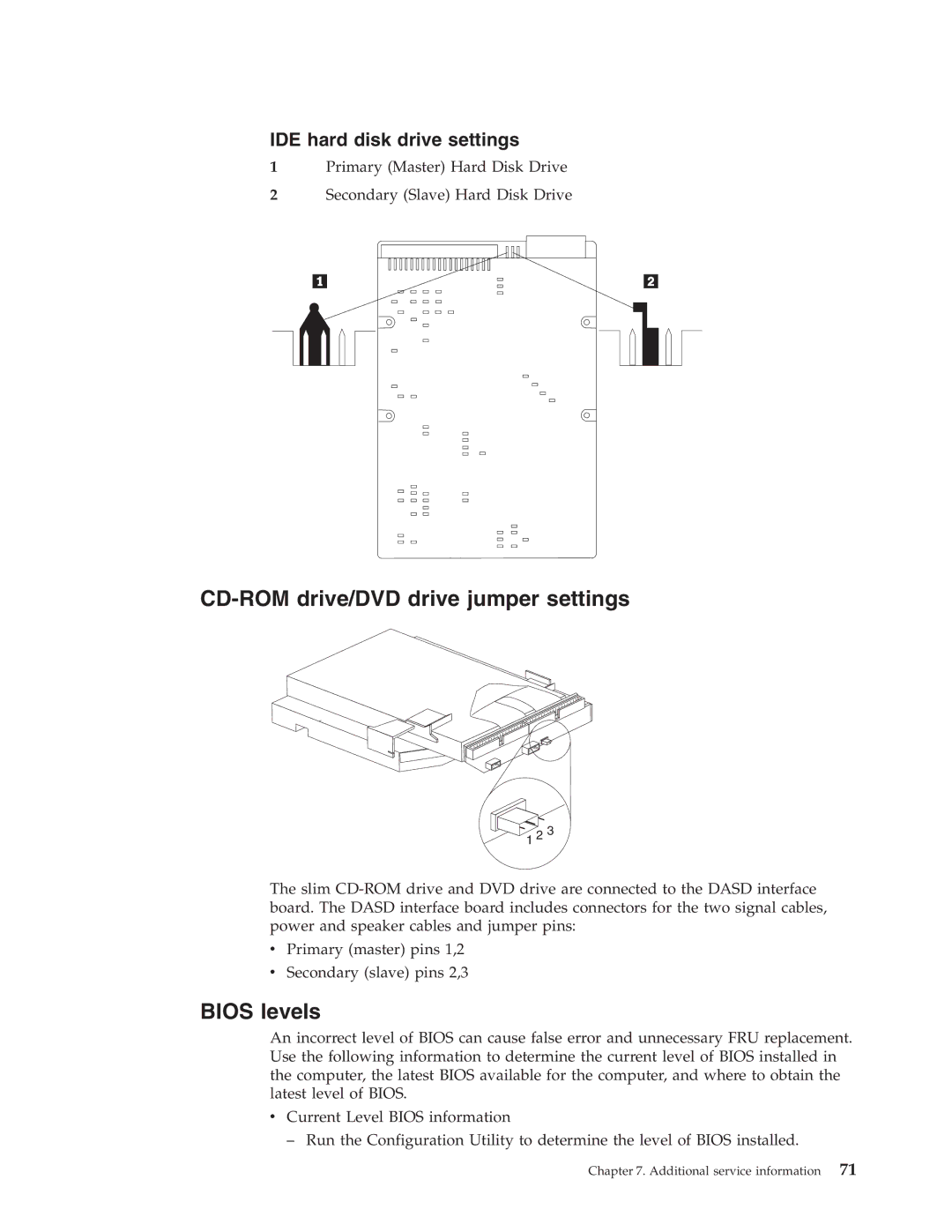 IBM 2179, 6643 manual CD-ROM drive/DVD drive jumper settings, Bios levels 