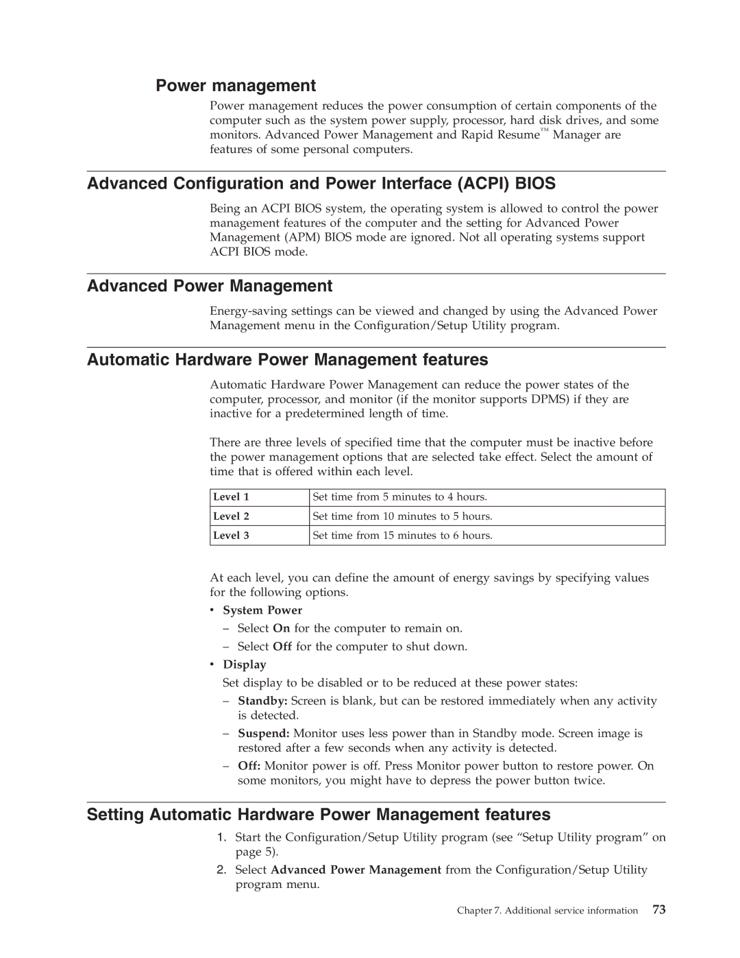 IBM 2179, 6643 manual Power management, Advanced Configuration and Power Interface Acpi Bios, Advanced Power Management 