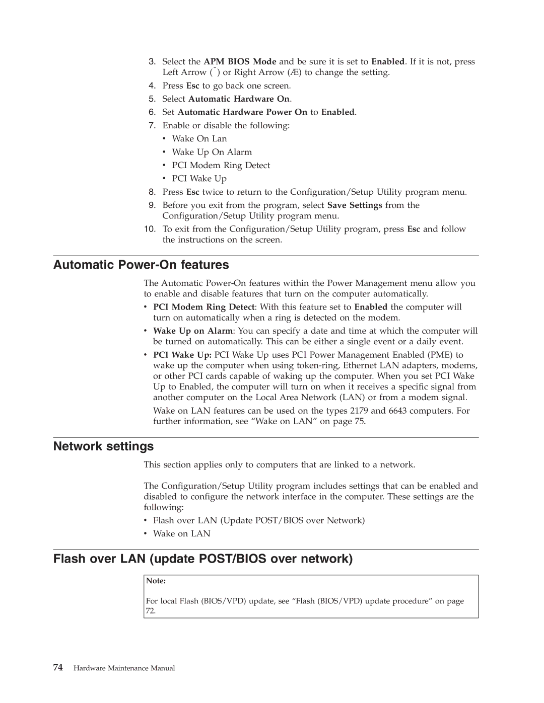 IBM 6643, 2179 manual Automatic Power-On features, Network settings, Flash over LAN update POST/BIOS over network 