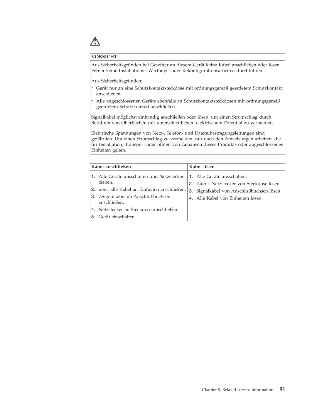 IBM 2179, 6643 manual Vorsicht, Kabel anschließen Kabel lösen 