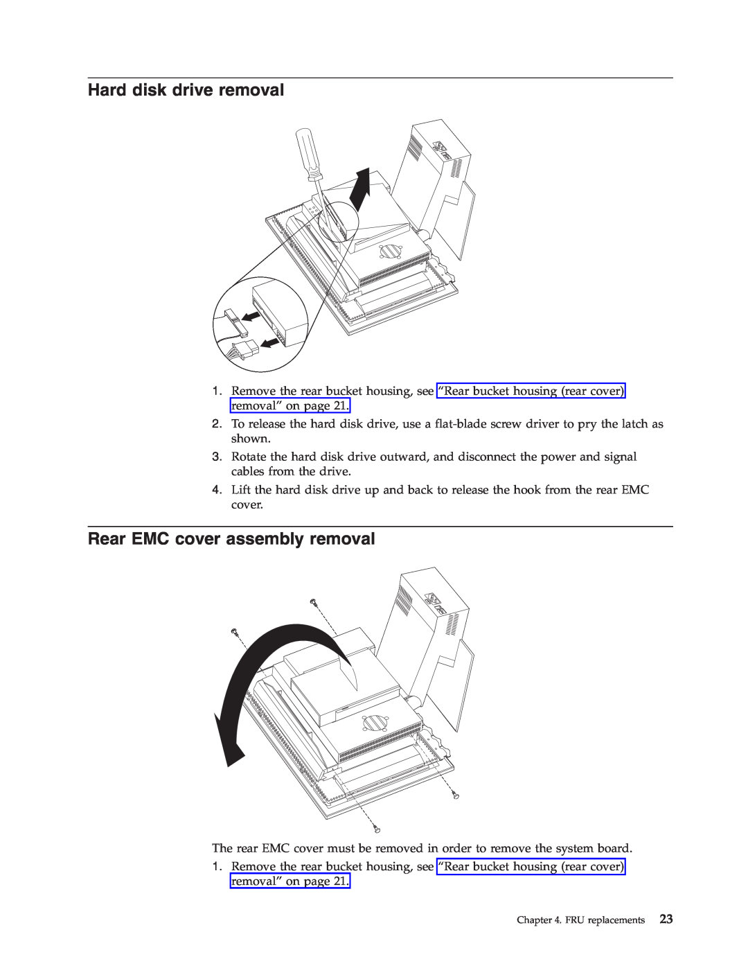 IBM 2179, 6643 manual Hard disk drive removal, Rear EMC cover assembly removal, FRU replacements 