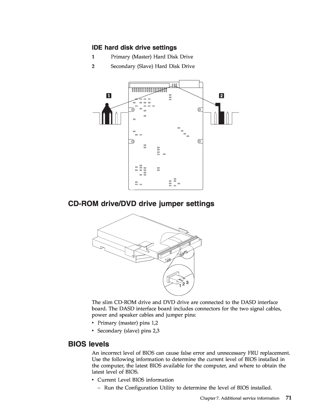 IBM 2179, 6643 manual CD-ROM drive/DVD drive jumper settings, BIOS levels, IDE hard disk drive settings 